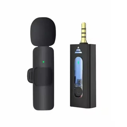 Black wireless microphone system with receiver on a white background