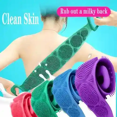 Person using a green back scrubber with text 'Clean Skin' and 'Rub out a milky back' on a blue background.