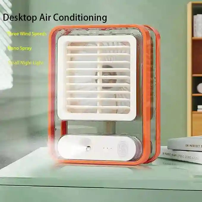 Small portable air conditioner on a desk with text indicating features.