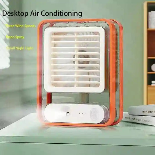 Small portable air conditioner on a desk with text indicating features.