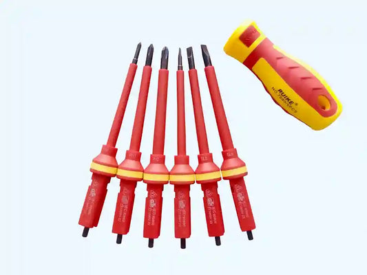 Set of red screwdrivers with a yellow handle on a white background