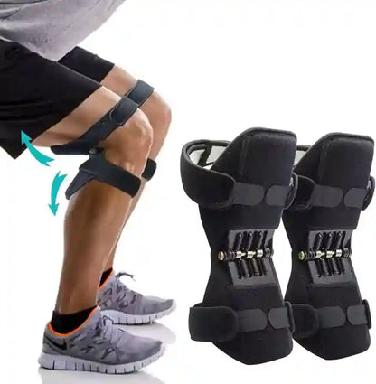 Knee brace being worn on a person's leg with a close-up of the brace on a white background.