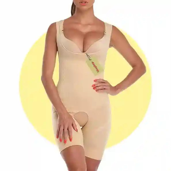 Woman wearing a beige shapewear bodysuit with a yellow circle background