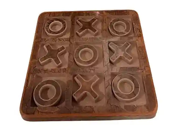 Wooden tic-tac-toe board with X and O symbols on a white background