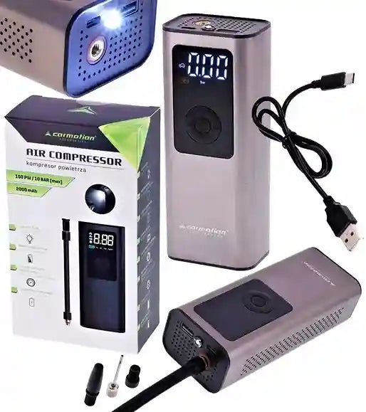 Cormation air compressor with packaging, cable, and accessories on a white background