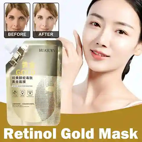 Retinol Gold Mask packaging with a woman's face showing before and after effects, brand 'HUASURV' visible.