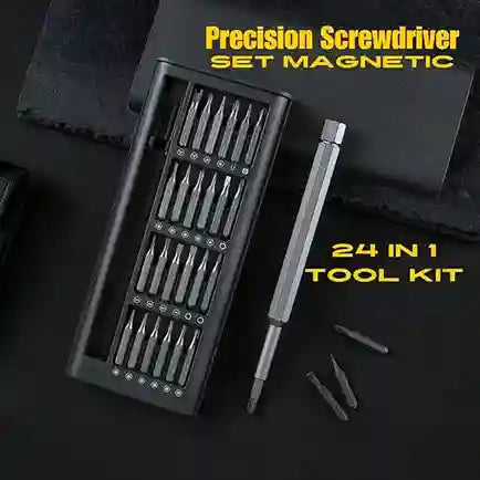 24-in-1 precision screwdriver set with magnetic feature on a dark background