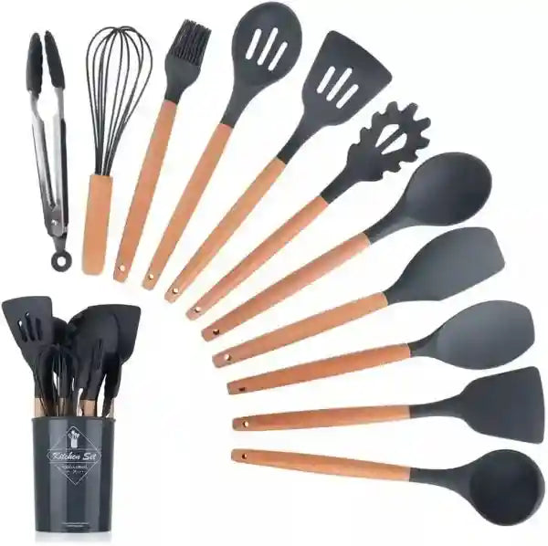 Set of kitchen utensils with wooden handles and black silicone ends, displayed with a holder.
