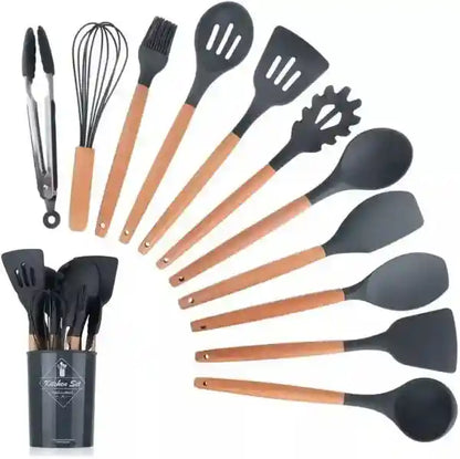 Set of kitchen utensils with wooden handles and black silicone ends, displayed with a holder.
