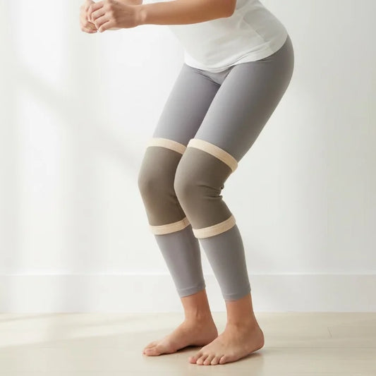 Person wearing gray leggings with beige accents on a plain background