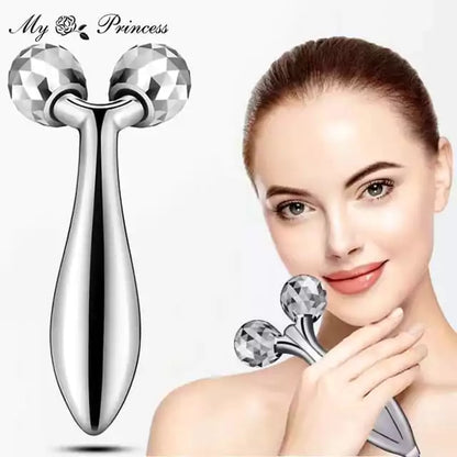 Facial massager with 'My Princess' branding next to a woman using it on her face.