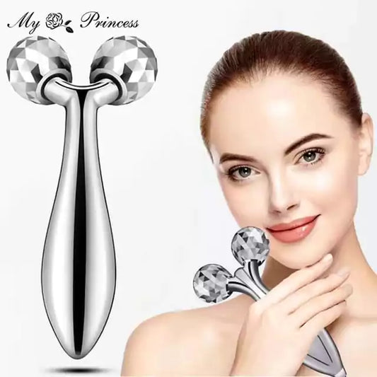 Facial massager with 'My Princess' branding next to a woman using it on her face.