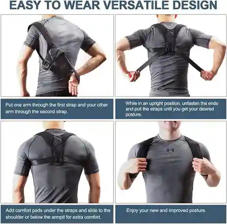Instructions on how to use a posture corrector with a person wearing it.