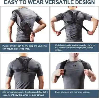 Instructions on how to use a posture corrector with a person wearing it.