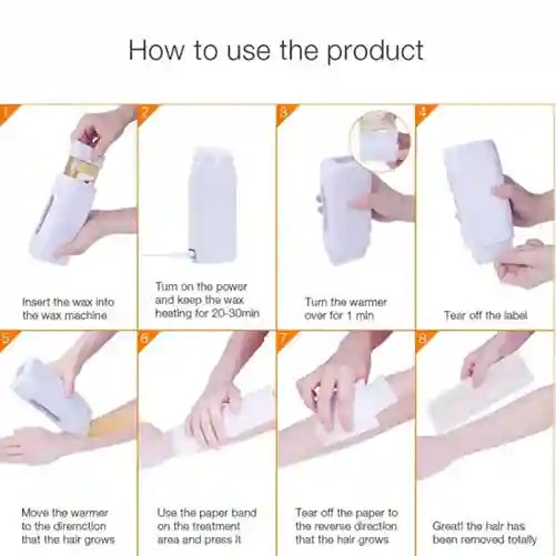 Step-by-step guide on how to use a hair removal product with text instructions.