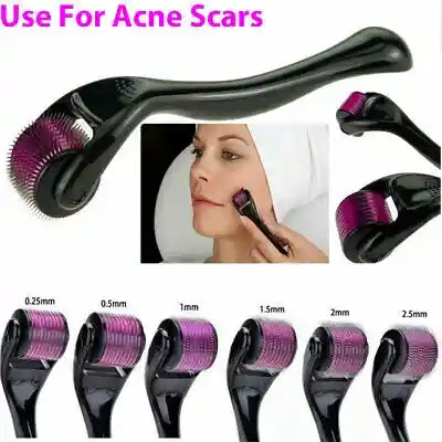 Derma roller with different needle sizes for treating acne scars, shown with a woman using it on her face.