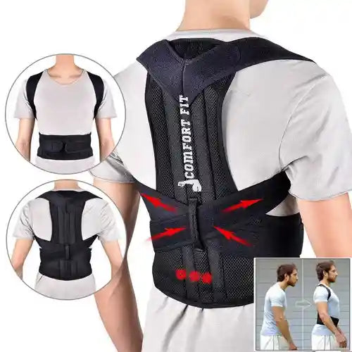 Person wearing a black posture corrector with 'Comfort Fit' branding, shown from multiple angles.