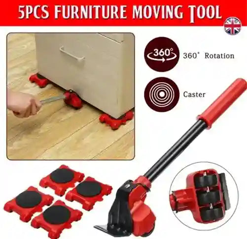 Furniture moving tool with 360-degree rotation and caster feature, shown in use on a wooden floor.