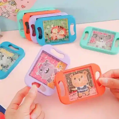 Colorful children's drawing boards with cartoon characters on a pink surface.