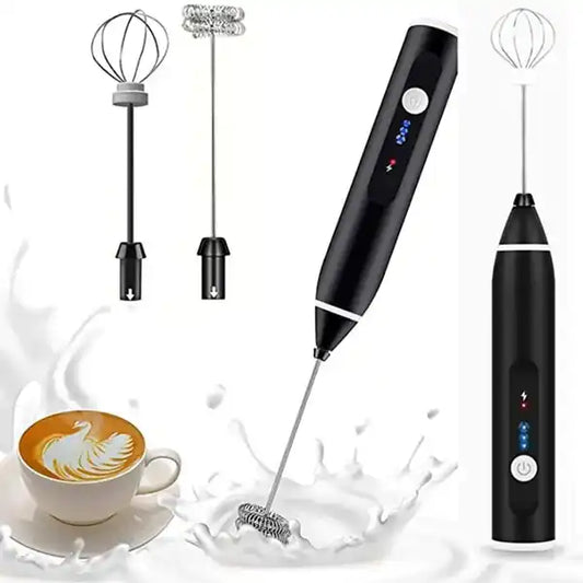 Black handheld milk frother with attachments on a white background