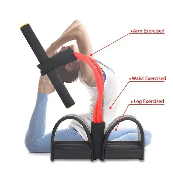 Person using an exercise device with labeled parts on a white background