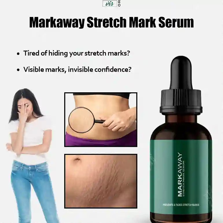 Markaway Stretch Mark Serum advertisement with a woman, stretch marks, and serum bottle.