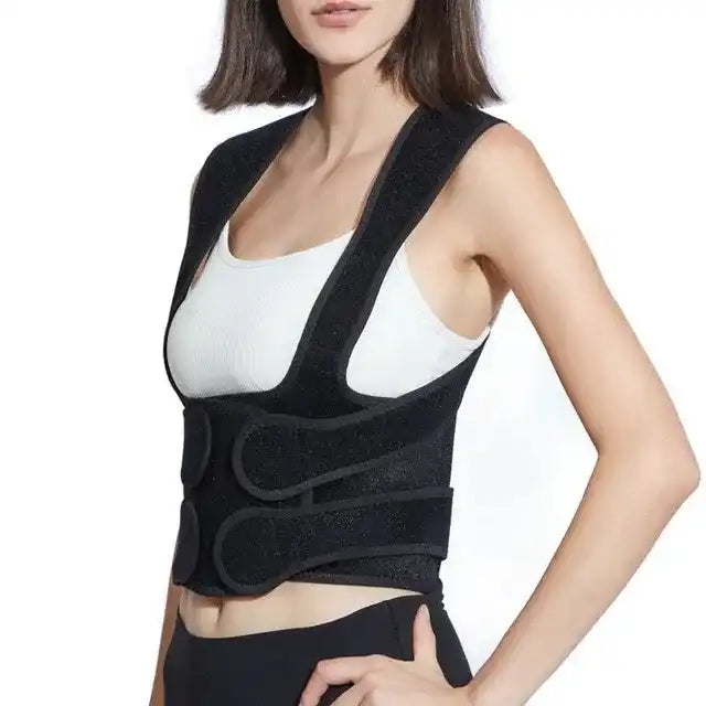 Person wearing a black posture corrector on a white background