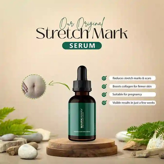 Stretch mark serum bottle with natural elements on a beige background