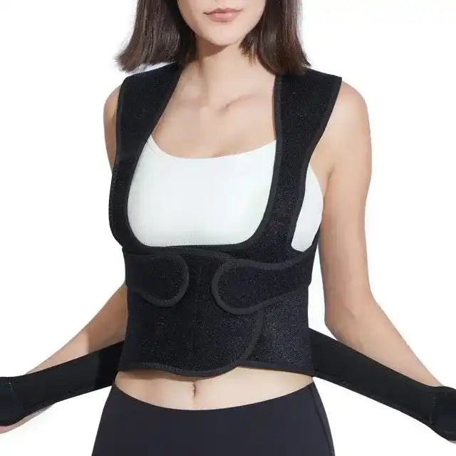 Person wearing a black posture corrector on a white background