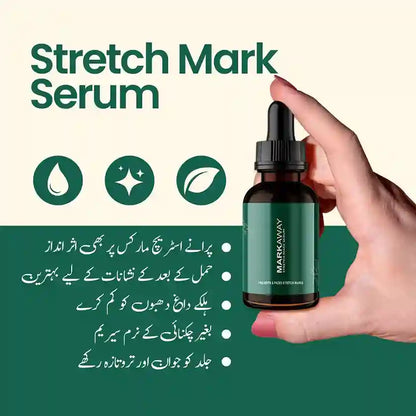 Bottle of stretch mark serum held by a hand with promotional text on a green and beige background