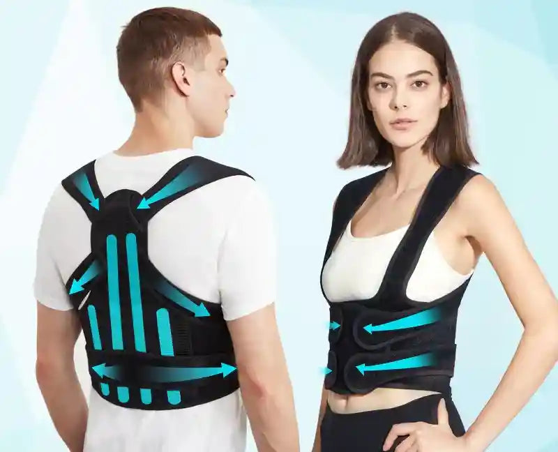 Two people wearing black posture correctors with blue accents on a light blue background