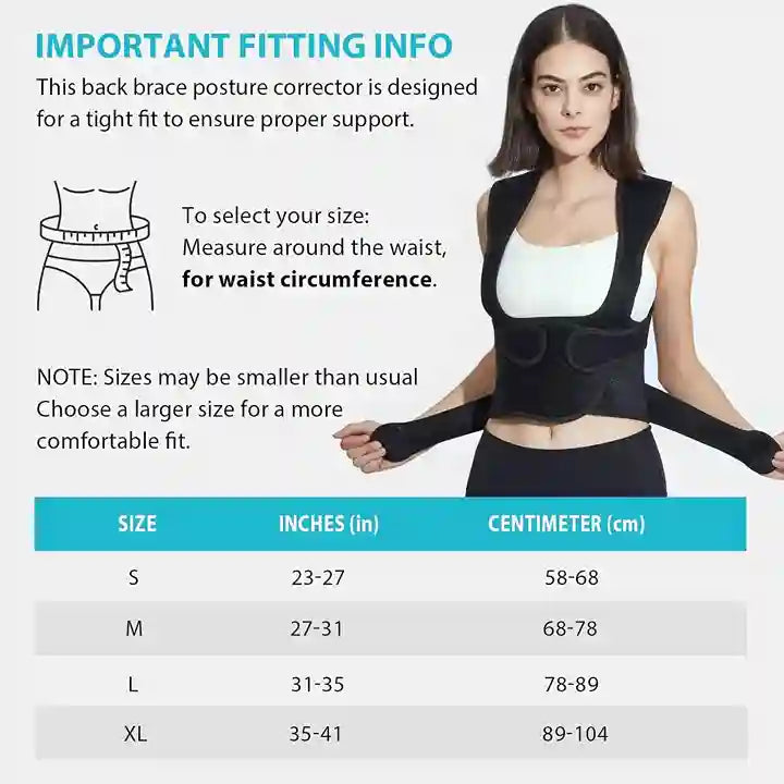 Woman wearing a black back brace posture corrector with fitting information and size chart on a white background.