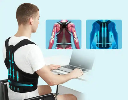 Person wearing a black posture corrector while using a laptop, with inset images showing the device's effect on the back.