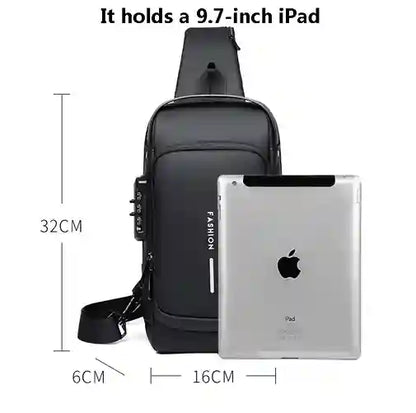 Black crossbody bag with an Apple iPad for scale on a white background