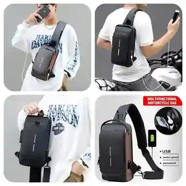 Multifunctional motorcycle bag with USB charging port displayed in various poses.
