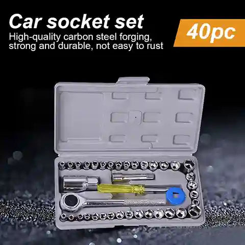 40-piece car socket set with open tool case on a dark background