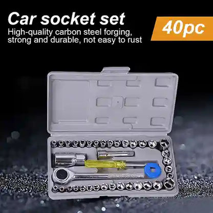40-piece car socket set with open tool case on a dark background