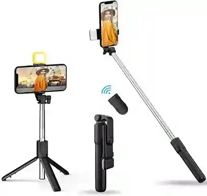 Selfie stick with smartphone holder on a white background
