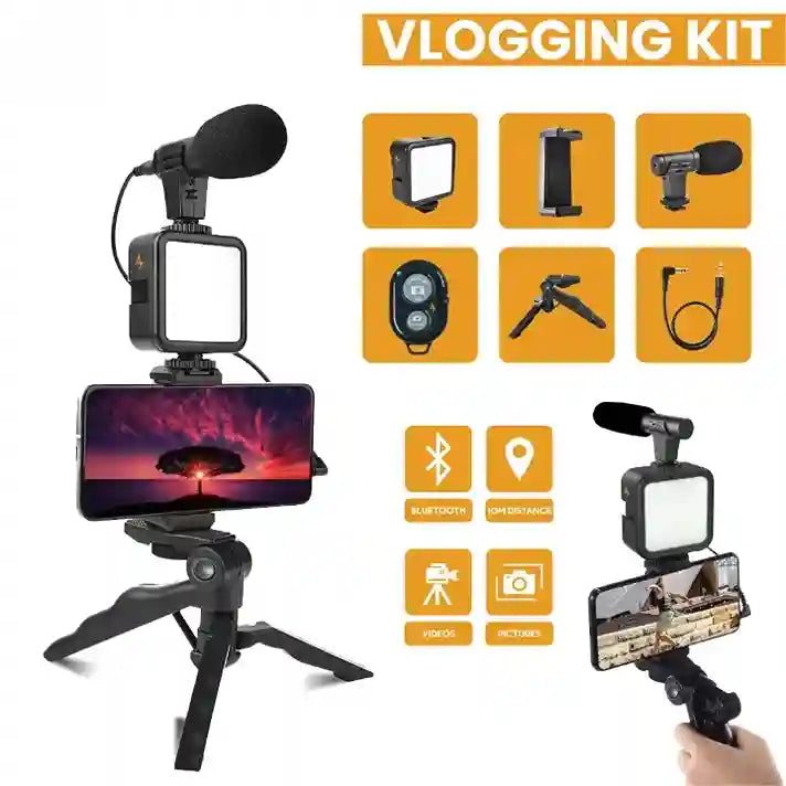 Vlogging kit with smartphone holder, microphone, and additional accessories on a white background.