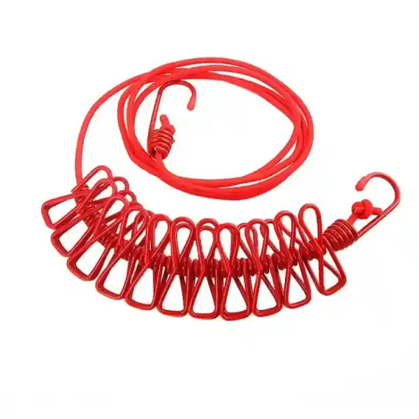 Red spring-loaded lanyard with a carabiner on a white background
