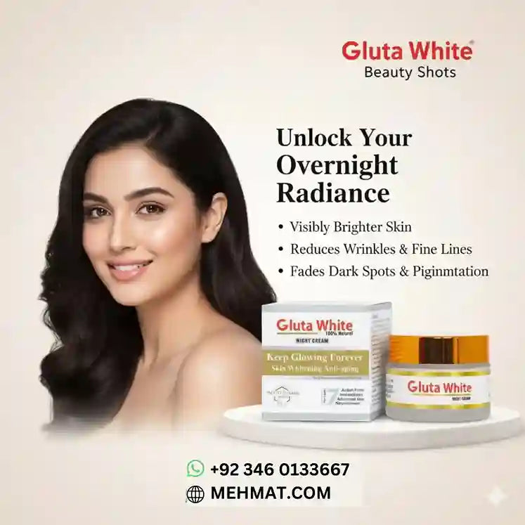 Advertisement for Gluta White Beauty Shots with a woman and product packaging on a beige background.