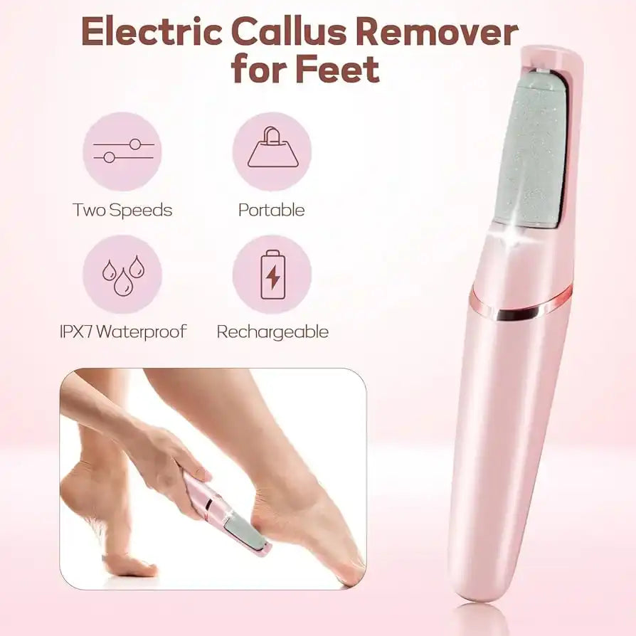 Electric callus remover for feet with features listed on a pink background