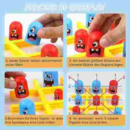 Step-by-step guide to a game of dominoes with cartoon character pieces.