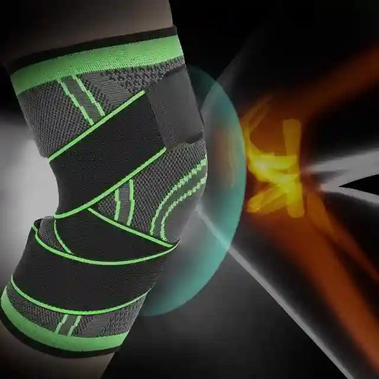 Black and green knee brace on a dark background
