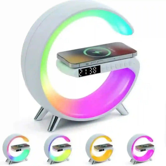 Crescent-shaped LED night light with smartphone charging pad and digital clock, displaying RGB colors.