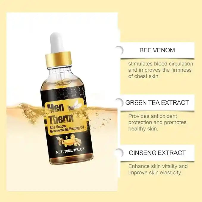 Men Therma Bee Venom heating oil bottle with ingredients listed on a yellow background