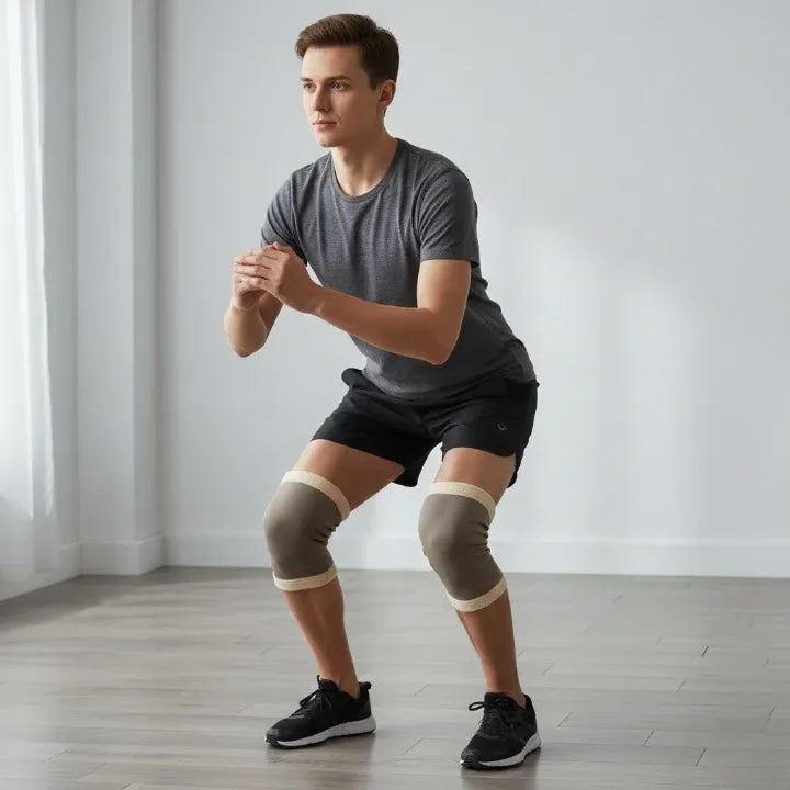 Man wearing knee braces in a gym setting