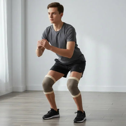 Man wearing knee braces in a gym setting
