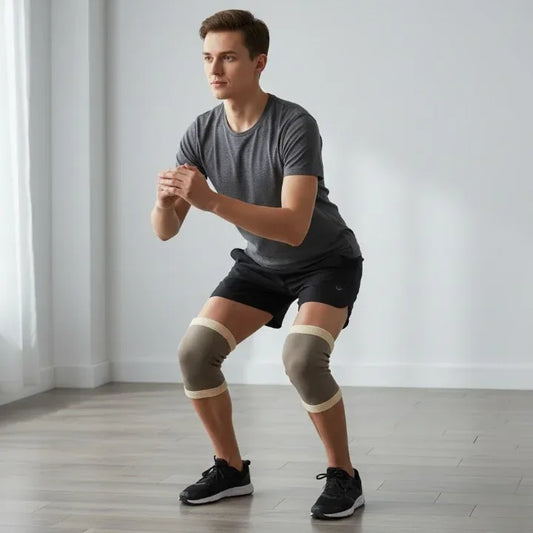 Man wearing knee braces in a gym setting