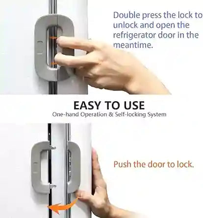 Hand demonstrating how to use a refrigerator door lock system with text instructions.